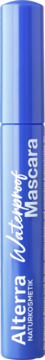 Alterra Waterproof Mascara w niebieskiej tubie z białym napisem, widok z boku, pionowe ułożenie.