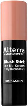 Alterra Blush Stick z bio-kokosowym olejem i kwasem hialuronowym, w różowo-czarnym opakowaniu, widok z przodu.