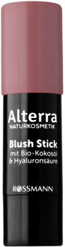 Alterra Blush Stick z bio-kokosem i kwasem hialuronowym, pionowy różowo-czarny sztyft, widok z przodu.