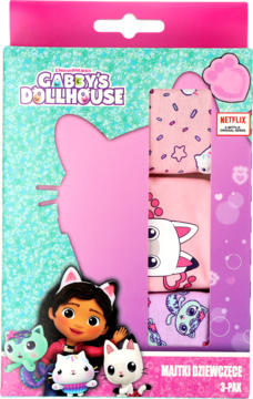Gabby's Dollhouse: majtki dziewczęce 3-pak, różowe opakowanie z wycięciem kota i postaciami, widok z przodu.