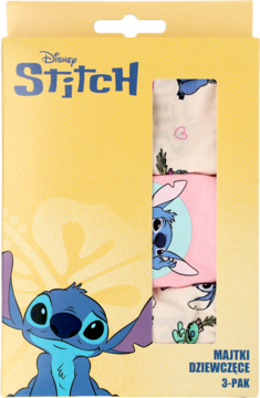 Żółte pudełko Disney Stitch z majtkami dziewczęcymi 3-pak, z wizerunkiem Stitcha, widok z przodu.