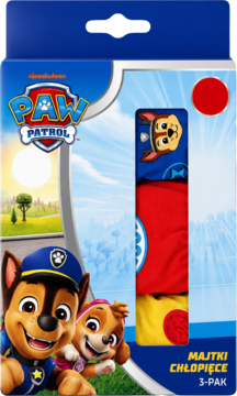 Paw Patrol 3-pak majtek chłopięcych. Opakowanie z postaciami Chase i Skye, widoczne niebieskie, czerwone i żółte slipki.