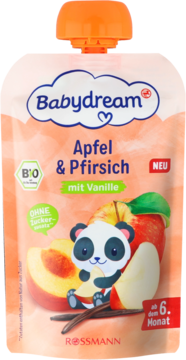 Babydream BIO mus jabłko i brzoskwinia z wanilią, pomarańczowa saszetka z pandą, tekst "bez cukru", widok z przodu.