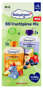 Babydream BIO Mix przecierów, 4x100g. Opakowanie z 2 smakami: pomarańczowy owocowy koktajl i fioletowa gruszka-jagoda.