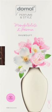 domol PERFUME & STYLE Raumduft Mandelblüte & Jasmin, białe opakowanie z kwiatami i wazonem, widok z przodu.