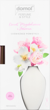 Patyczki zapachowe Domol Perfume & Style Kwiat Migdałowca i Jaśmin, białe pudełko z wazonem i kwiatami.