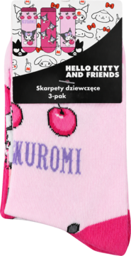 Różowe skarpetki dziewczęce 3-pak Hello Kitty and Friends z Kuromi i wisienkami, na kartonowym wieszaku, widok z przodu.
