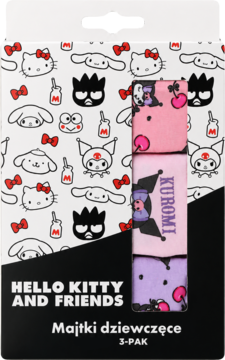 Majtki dziewczęce Hello Kitty and Friends 3-pak w białym pudełku Sanrio. Widoczne różowe, czarne Kuromi i fioletowe.