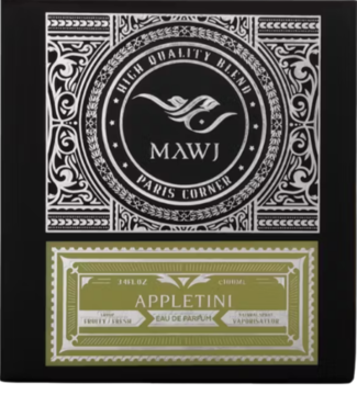 Design etykiet perfum MAWJ APPLETINI: czarno-srebrna górna i zielono-biała dolna z nazwą produktu.
