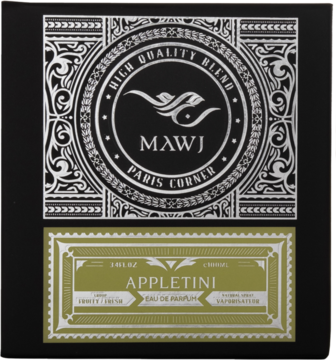 Czarne pudełko perfum Paris Corner Mawj Appletini z ozdobnym srebrnym wzorem i złotą etykietą.