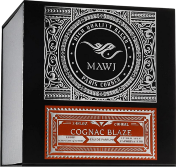 Mawj Cognac Blaze 100ml Paris Corner, perfumy w czarnym pudełku ze srebrno-czarną i czerwono-srebrną etykietą.