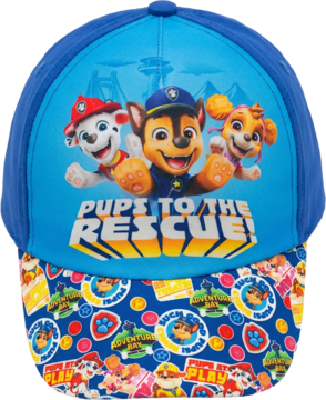 Dziecięca niebieska czapka z daszkiem Paw Patrol, z postaciami Marshalla, Chase'a i Skye, napis 'PUPS TO THE RESCUE!'