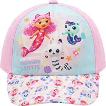 Różowo-błękitna czapka dziecięca Gabby's Dollhouse z syrenkami Pandy Paws i Mercat, widok z przodu.