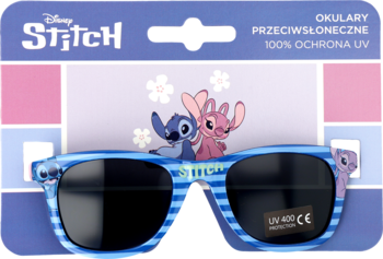 Dziecięce okulary Disney Stitch i Angel, niebiesko-białe w paski, 100% ochrona UV, na opakowaniu.