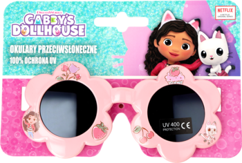 Różowe okulary przeciwsłoneczne Gabby's Dollhouse w kształcie kwiatków, na opakowaniu, z ochroną UV400.