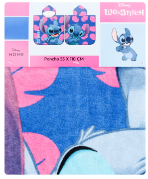 Poncho dziecięce Disney Stitch, niebiesko-różowe, w opakowaniu z wizerunkiem Stitcha i zbliżeniem tkaniny z jego okiem.