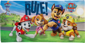 Radosne szczeniaki Paw Patrol: Marshall, Skye, Chase, Rubble biegną po zielonej trawie. Napis "RULE!".