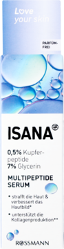 Isana serum multipeptydowe z 0,5% peptydami miedziowymi i 7% gliceryną, bezzapachowe, na jasnoniebieskim tle.