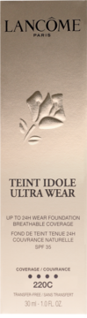Frontal view of a beige Lancôme Teint Idole Ultra Wear 24H Foundation box, shade 220C, with an embossed rose.
