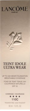 Beżowe pudełko podkładu Lancôme Teint Idole Ultra Wear 110C z wytłoczonym logo róży i czarnym tekstem.