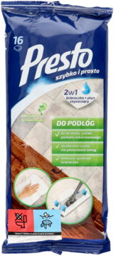 Nawilżane ściereczki Presto 2w1 do podłóg w granatowym opakowaniu z napisem 16 sztuk, widok z przodu.