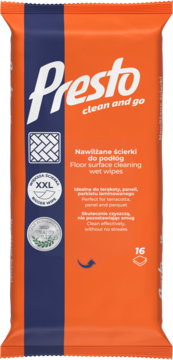 Pomarańczowo-granatowe opakowanie Presto nawilżanych ściereczek do podłóg, 16 sztuk, z napisem Clean and Go.