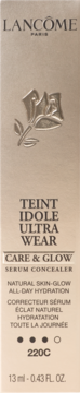 Lancôme Teint Idole Ultra Wear Care & Glow serum concealer box, beige, embossed rose logo, shade 220C, front.