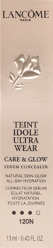 Front view of Lancôme Teint Idole Ultra Wear Care & Glow Serum Concealer box, light gold, shade 120N, 13ml.