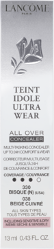 Lancôme Teint Idole Ultra Wear All Over Concealer, Beige Cuivré, białe opakowanie ze srebrnym logo, widok z przodu.