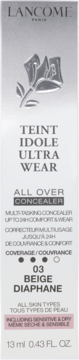 Lancôme Teint Idole Ultra Wear, długotrwały korektor 03 Beige Diaphane. Eleganckie opakowanie z przodu, z kwiatowym detalem.