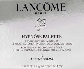 Srebrne, błyszczące opakowanie palety cieni Lancôme Hypnôse Palette 19 Ardent Drama, widok z przodu.
