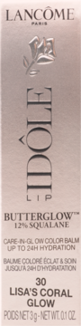 Beżowe pudełko Lancôme Idôle Lip Butterglow 12% Squalane, odcień 30 Lisa's Coral Glow, widok z przodu.