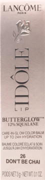 Lancôme Idôle Butterglow Lip Balm 26 Don't Be Chai (12% Squalane) on silver packaging, front view.