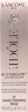 Lancôme Idôle Butterglow Lip Balm, 12% Squalane, w odcieniu 21 Shade-Throwing Beige, beżowe opakowanie.