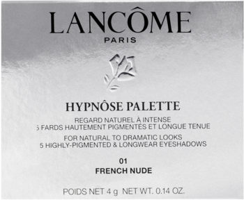 Srebrne opakowanie Lancôme Hypnôse Palette 01 French Nude, z czarnymi napisami i logo marki, widok z przodu.