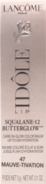 Opakowanie balsamu do ust Lancôme Idôle Squalane-12 Butterglow w odcieniu 47 Mauve-Tivation. Beżowe pudełko, widok z przodu.