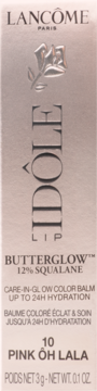 Opakowanie balsamu Lancôme Idôle Lip Butterglow 10 Pink Oh La La, 12% Squalane, widok z przodu.