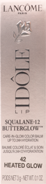 Odżywcza pomadka Lancôme Idôle Squalane-12 Butterglow, 42 Heated Glow, w jasnym, metalicznym opakowaniu.