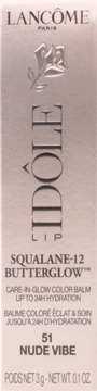 Frontowe opakowanie Lancôme Idôle Squalane-12 Butterglow 51 Nude Vibe, nawilżający balsam do ust.