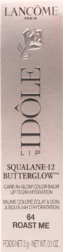 Lancôme Idôle Squalane-12 Butterglow balsam w odcieniu Roast Me, jasnoróżowe opakowanie z metaliczną różą, widok z przodu.
