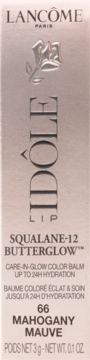 Pionowe, perłowe opakowanie balsamu Lancôme Idôle Butterglow 66 Mahogany Mauve, logo i kwiatowy wzór.