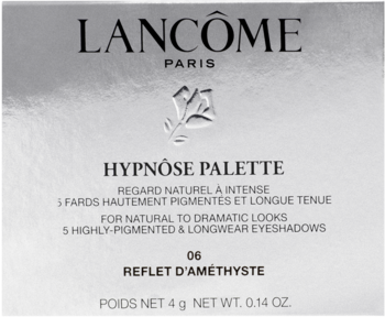 Srebrne opakowanie cieni do powiek Lancôme Hypnôse Palette Reflet d'Améthyste, widok z przodu, z czarnym tekstem.