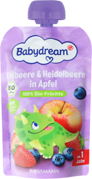 Fioletowa saszetka Babydream, przecier truskawka-jagoda-jabłko 100% bio, od 1 roku. Widok z przodu, zielony dinozaur.