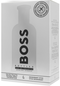 Biały zestaw BOSS BOTTLED EDT i dezodorant, z pionowym napisem 'BOSS' na froncie. Logo 'Travel Exclusive'.