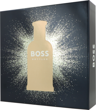Hugo Boss Bottled zestaw męski: czarne pudełko ze złotą butelką, efektem rozbłysku i logo na boku.