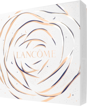 Lancôme, białe pudełko prezentowe z beżowo-granatowym wzorem róży, gwiazdami i logo, widok pod kątem.