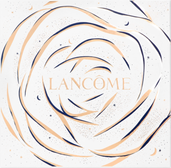 Opakowanie Lancôme La Vie Est Belle, elegancki wzór róży z kremowo-brzoskwiniowych i ciemnoniebieskich linii, logo.