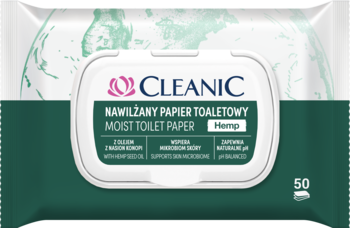 Zielone, elastyczne opakowanie Cleanic Hemp Nawilżanego Papieru Toaletowego. Widok z przodu, biała etykieta z napisem "Hemp".