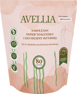 Różowe opakowanie nawilżanego papieru toaletowego Avellia Pro Femme 80 szt., z naturalnym składem, widok z przodu.