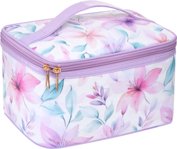 Kuferek kosmetyczny Ewa Schmitt KO700, biały w pastelowe kwiaty, z fioletowym uchwytem, widok z góry i z boku.